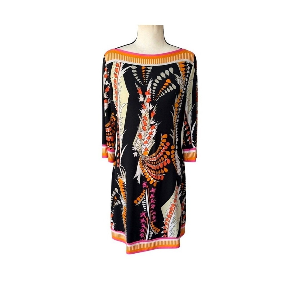 Ali Ro Boatneck Shift Dress Y2K Anthropologie 3/4 Sleeve Colorful Abstract Mod 8